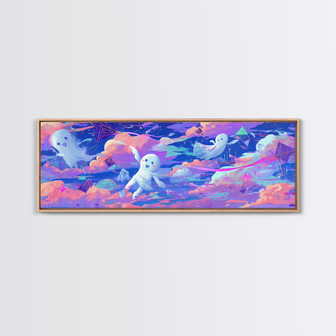 The Ghost Kite Festival, Retro Neon Halloween Art, Extra Wide Wall Art, Canvas Print, Retro Halloween Decor, Neon Wall Art