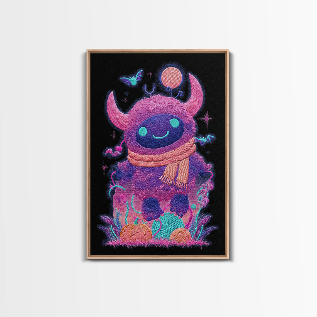 The Fuzzy Purple Monster, Synthwave Halloween Art, Vertical Wall Art, Canvas Print, Retro Halloween Decor, Neon Wall Art, Macabre Wall Art