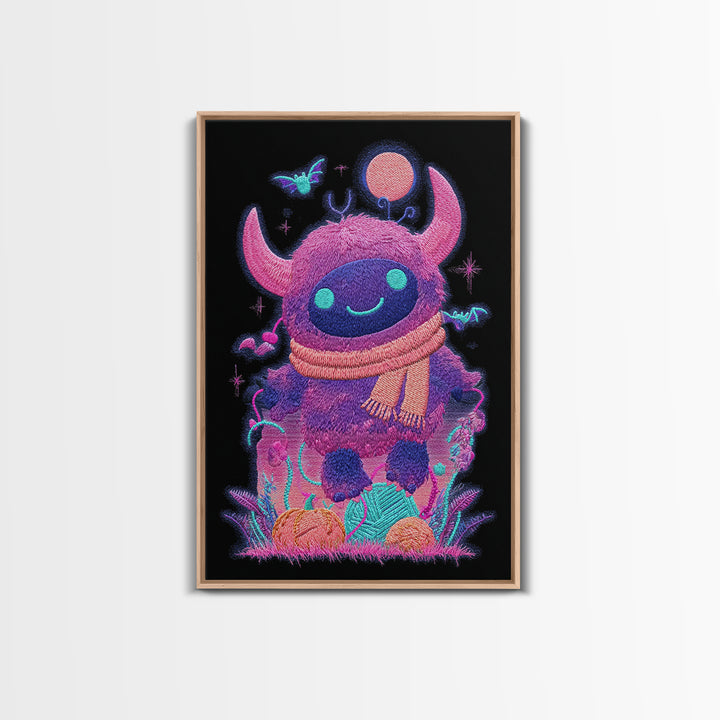 The Fuzzy Purple Monster, Synthwave Halloween Art, Vertical Wall Art, Canvas Print, Retro Halloween Decor, Neon Wall Art, Macabre Wall Art
