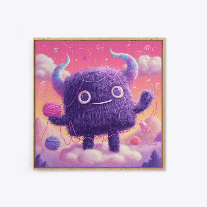 The Fuzzy Purple Monster, Vaporwave Halloween Decor, Square Wall Art, Framed Canvas Print, Retro Halloween Decor, Neon Wall Art