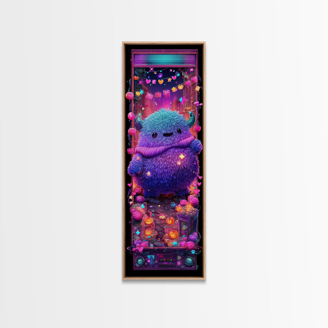 The Fuzzy Purple Monster, Synthwave Halloween Art, Tall Narrow Wall Art, Canvas Print, Retro Halloween Decor, Neon Wall Art