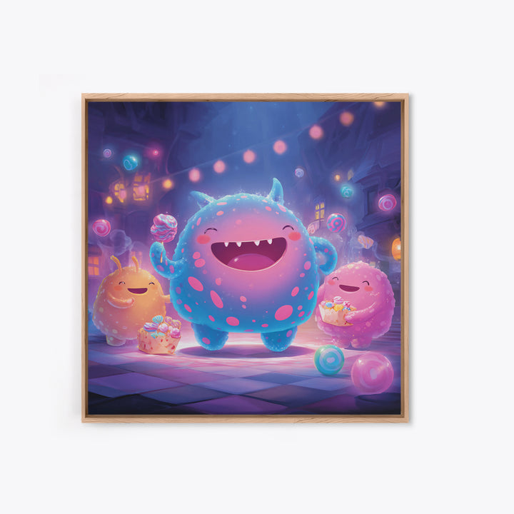The Polka-Dot Monster, Synthwave Halloween Art, Square Wall Art, Framed Canvas Print, Retro Halloween Decor, Neon Wall Art