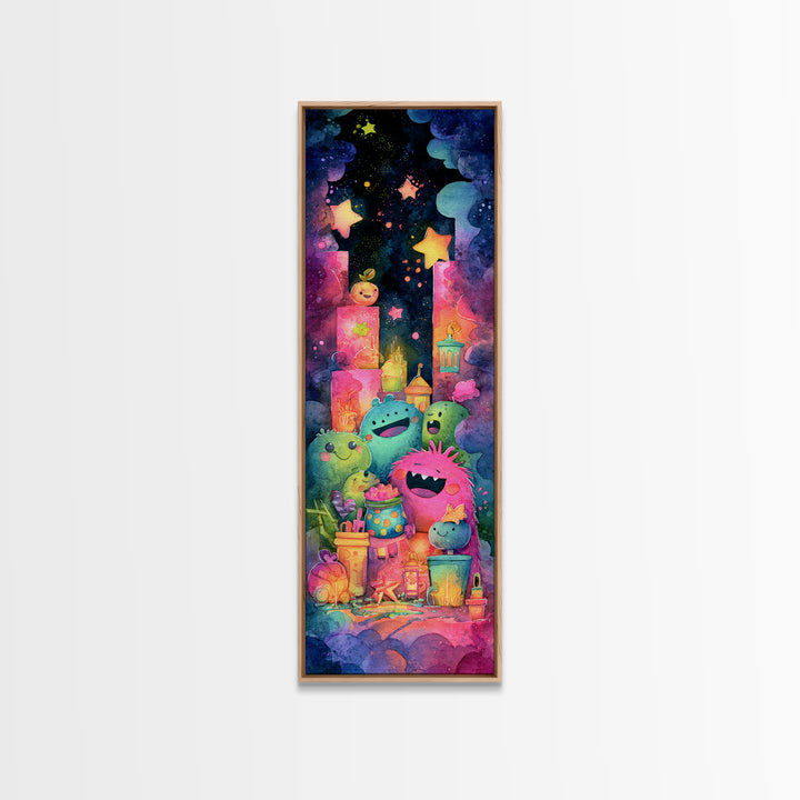 The Polka-Dot Monster, Retro Neon Halloween Art, Tall Narrow Wall Art, Canvas Print, Retro Halloween Decor, Neon Wall Art, Dark Fantasy Art