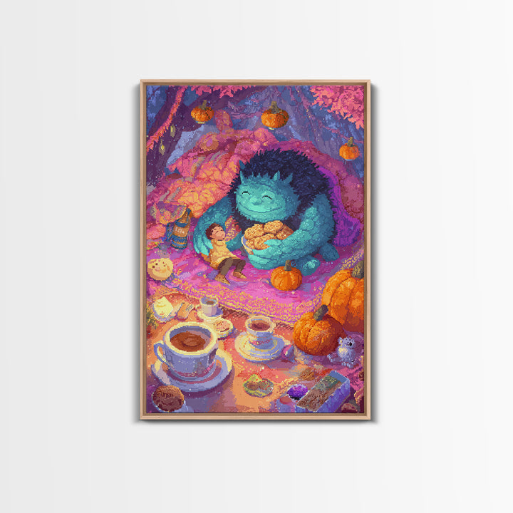 The Monster Under The Bed Tea Party, Retro Neon Halloween Art, Vertical Wall Art, Canvas Print, Retro Halloween Decor, Neon Wall Art