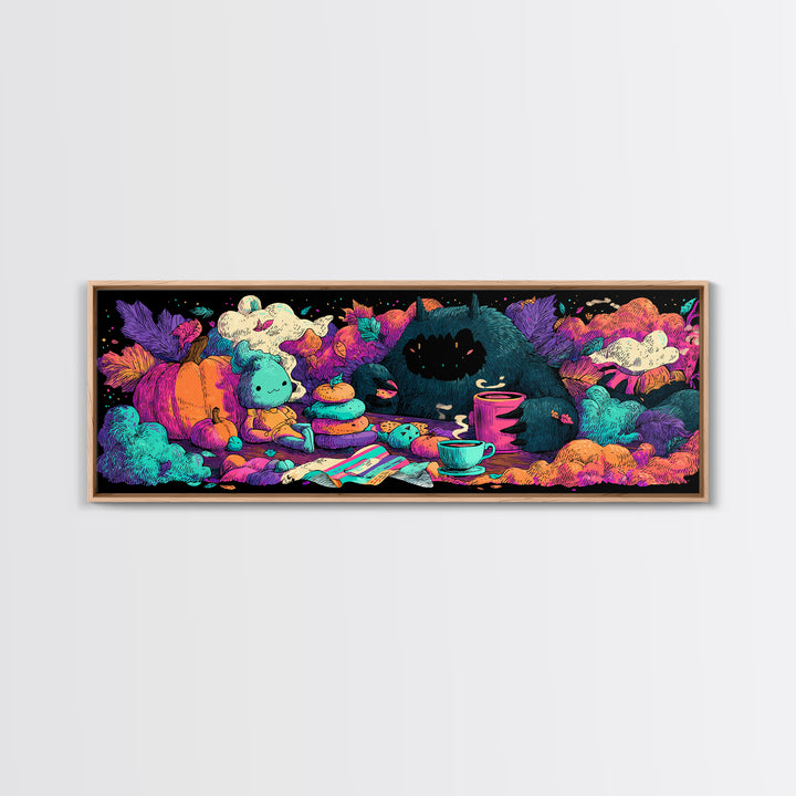 The Monster Under The Bed Tea Party, Synthwave Halloween Art, Extra Wide Wall Art, Canvas Print, Retro Halloween Decor, Neon Wall Art