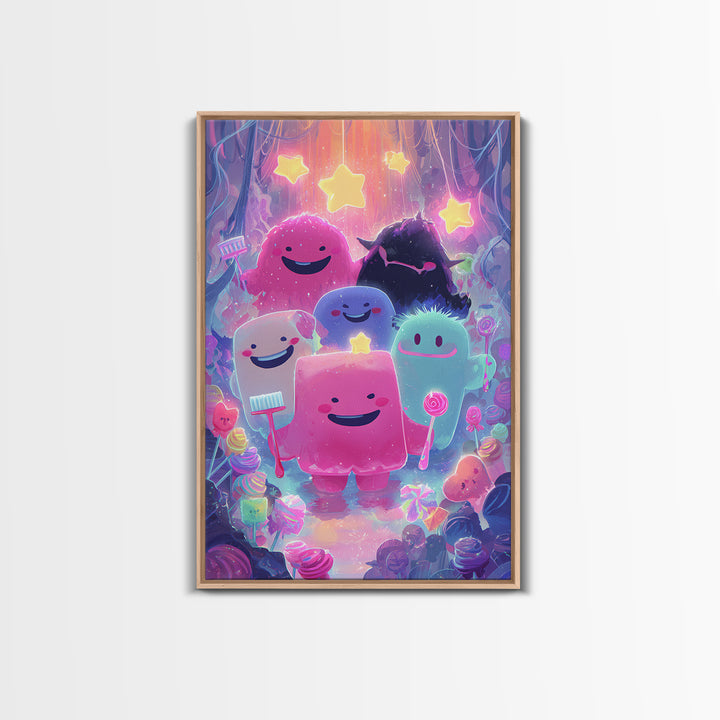 The Monster Toothbrush Club, Vaporwave Halloween Decor, Vertical Wall Art, Framed Canvas Print, Retro Halloween Decor, Neon Wall Art