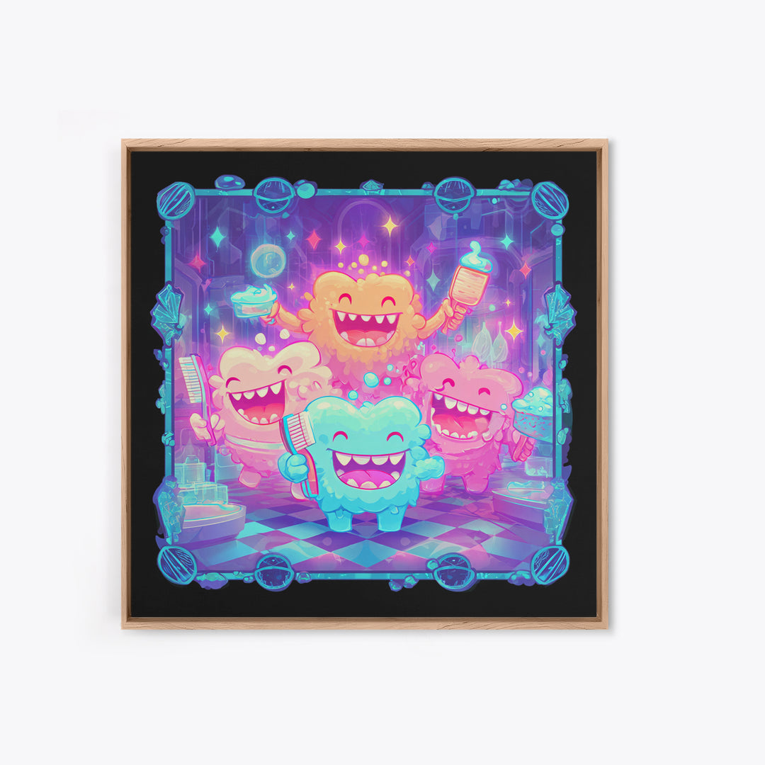 The Monster Toothbrush Club, Vaporwave Halloween Decor, Square Wall Art, Canvas Print, Retro Halloween Decor, Neon Wall Art