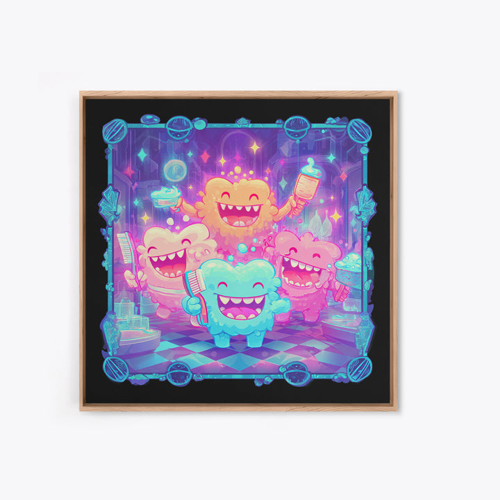 The Monster Toothbrush Club, Vaporwave Halloween Decor, Square Wall Art, Canvas Print, Retro Halloween Decor, Neon Wall Art