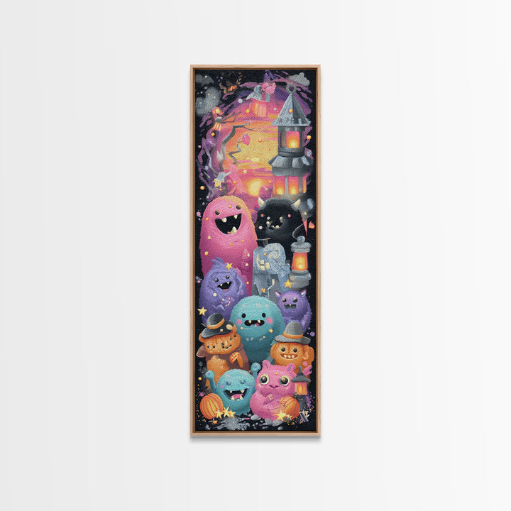 The Monster Toothbrush Club, Retro Neon Halloween Art, Tall Narrow Wall Art, Canvas Print, Retro Halloween Decor, Neon Wall Art