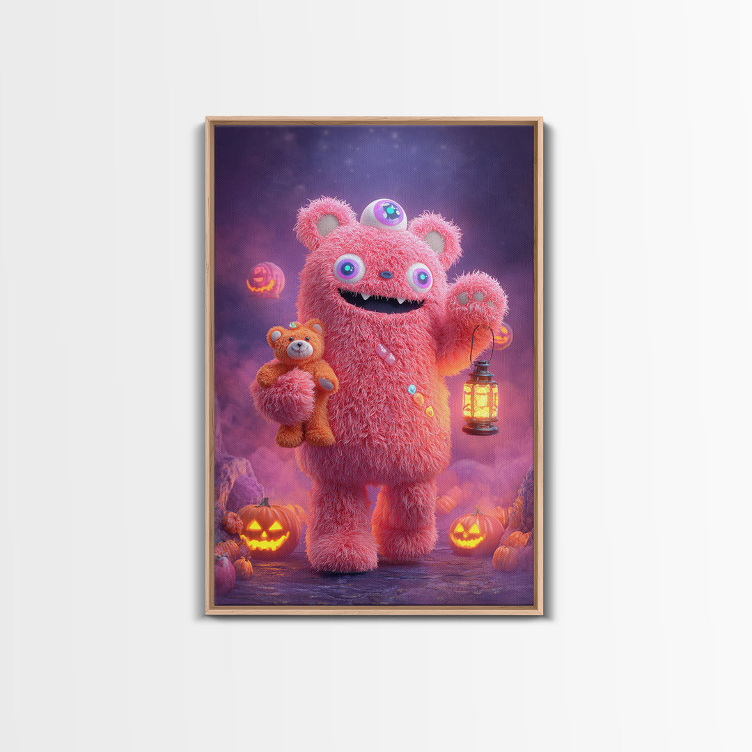The Three-Eyed Teddy Monster, 80s Halloween Wall Art, Vertical Wall Art, Framed Canvas Print, Retro Halloween Decor, Neon Wall Art