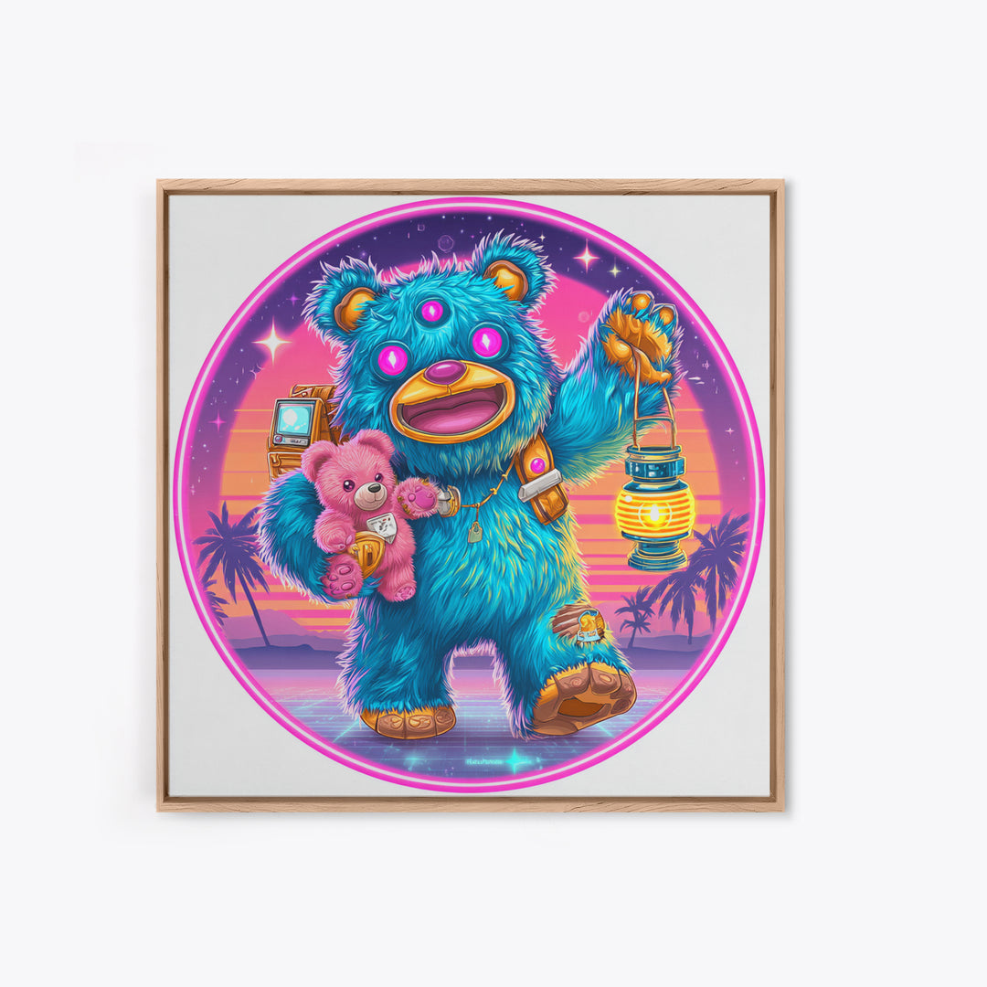 The Three-Eyed Teddy Monster, Cute Spooky Neon Art, Square Wall Art, Framed Canvas Print, Retro Halloween Decor, Neon Wall Art