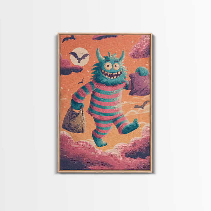 The Monster Pajama Parade, Synthwave Halloween Art, Vertical Wall Art, Framed Canvas Print, Retro Halloween Decor, Neon Wall Art