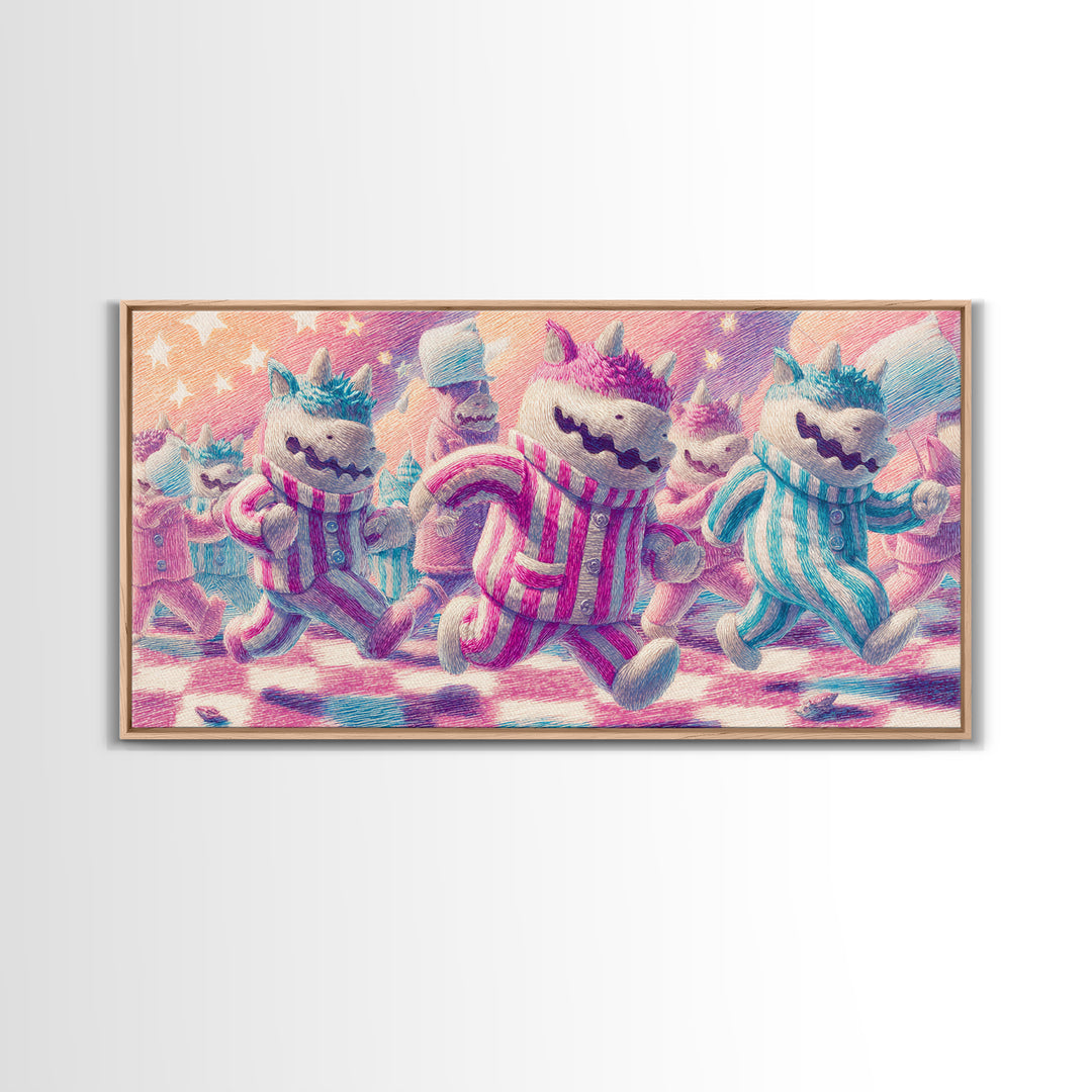 The Monster Pajama Parade, 80s Halloween Wall Art, Wide Panoramic Art, Framed Canvas Print, Retro Halloween Decor, Neon Wall Art