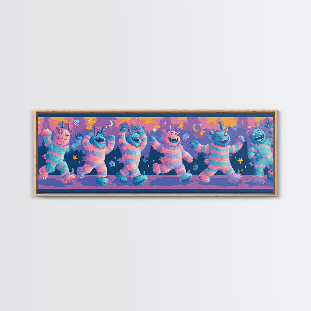 The Monster Pajama Parade, 80s Halloween Wall Art, Extra Wide Wall Art, Framed Canvas Print, Retro Halloween Decor, Neon Wall Art