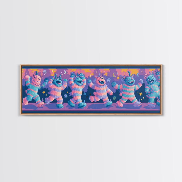 The Monster Pajama Parade, 80s Halloween Wall Art, Extra Wide Wall Art, Framed Canvas Print, Retro Halloween Decor, Neon Wall Art