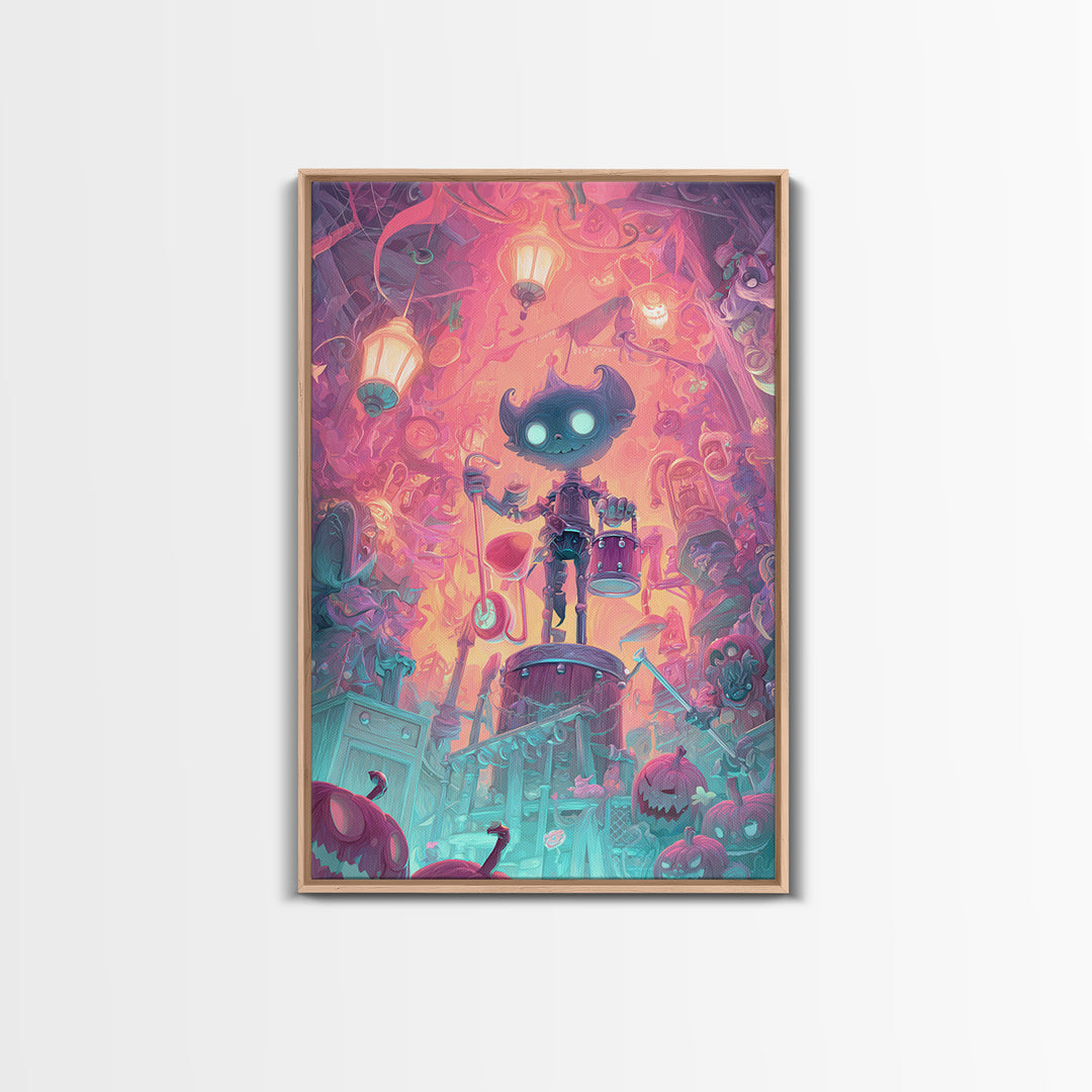 The Little Monster Orchestra, Synthwave Halloween Art, Vertical Wall Art, Canvas Print, Retro Halloween Decor, Neon Wall Art