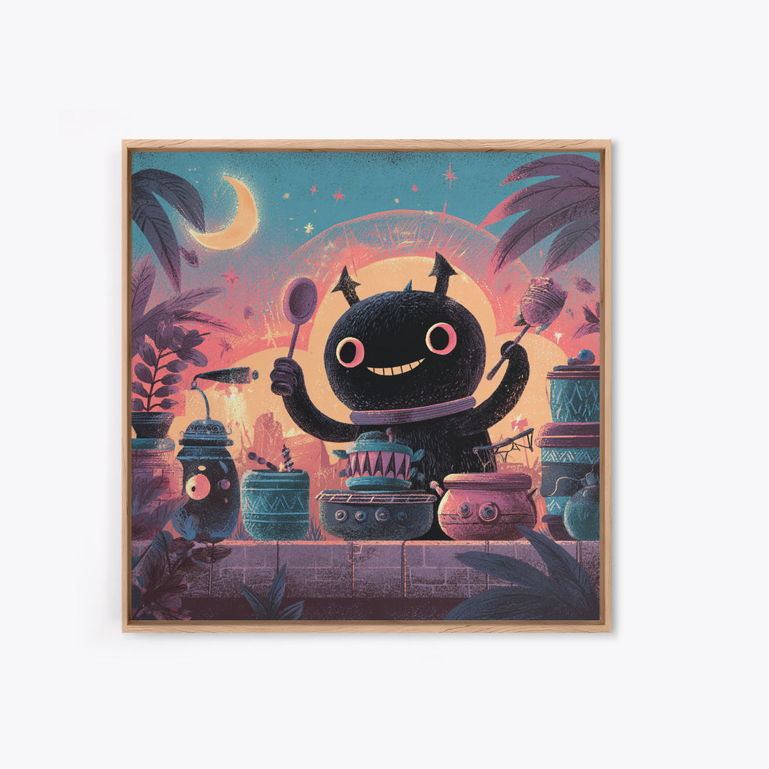 The Little Monster Orchestra, Cute Spooky Neon Art, Square Wall Art, Framed Canvas Print, Retro Halloween Decor, Neon Wall Art