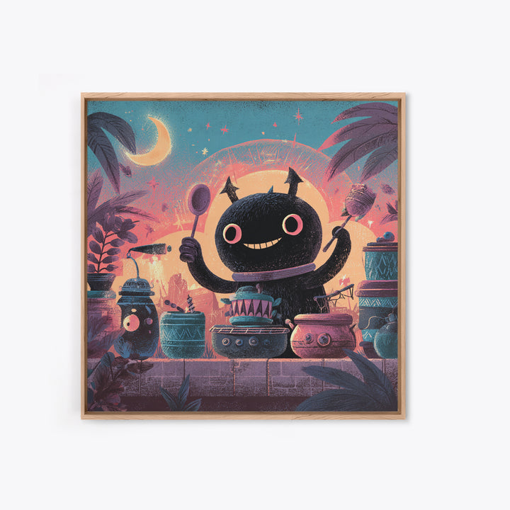 The Little Monster Orchestra, Cute Spooky Neon Art, Square Wall Art, Framed Canvas Print, Retro Halloween Decor, Neon Wall Art