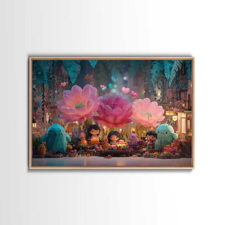 The Monster Flower Shop, Retro Neon Halloween Art, Landscape Wall Art, Framed Canvas Print, Retro Halloween Decor, Neon Wall Art