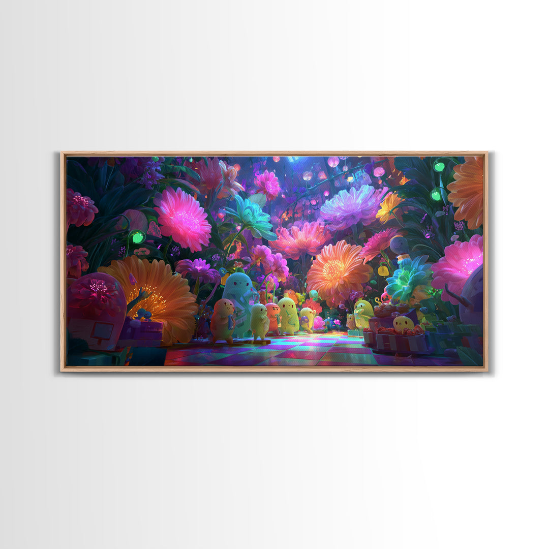 The Monster Flower Shop, Cute Spooky Neon Art, Wide Panoramic Art, Canvas Print, Retro Halloween Decor, Neon Wall Art, Macabre Wall Art