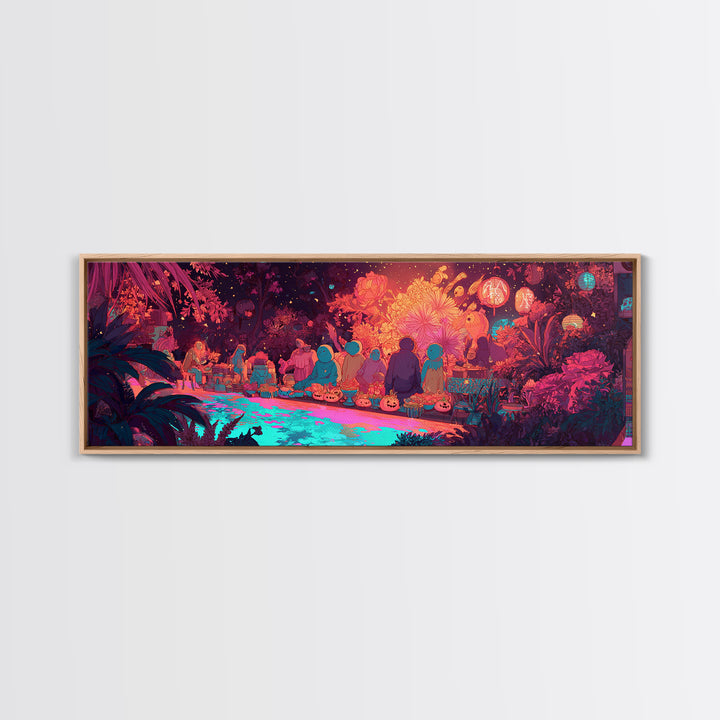 The Monster Flower Shop, Synthwave Halloween Art, Extra Wide Wall Art, Framed Canvas Print, Retro Halloween Decor, Neon Wall Art