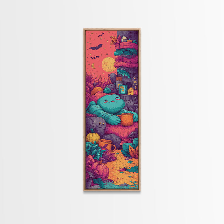 The Monster Hide-And-Seek Game, Cute Spooky Neon Art, Tall Narrow Wall Art, Canvas Print, Retro Halloween Decor, Neon Wall Art