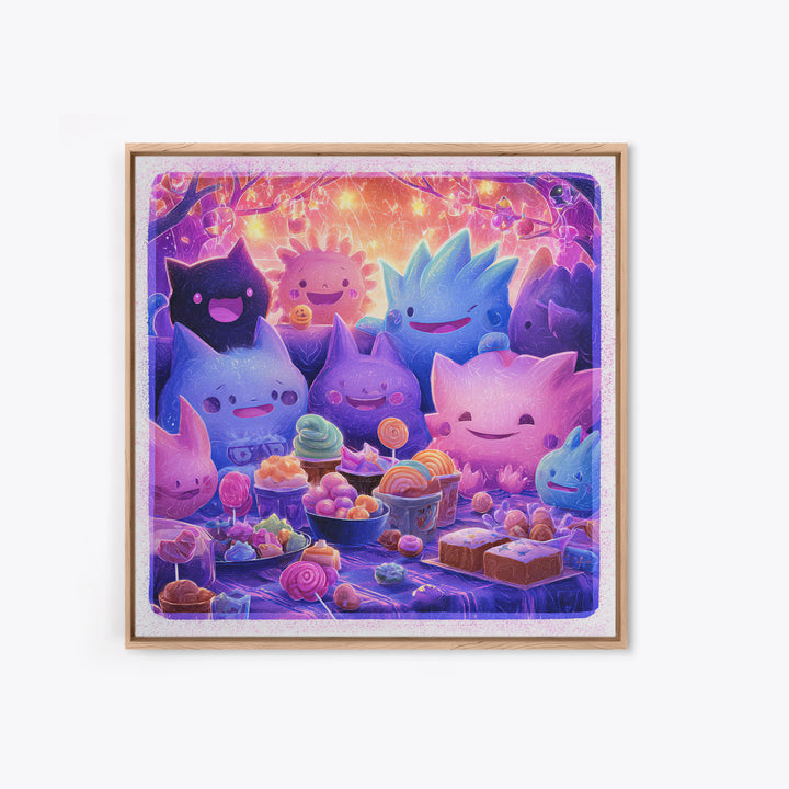 The Monster Friendship Picnic, Vaporwave Halloween Decor, Square Wall Art, Canvas Print, Retro Halloween Decor, Neon Wall Art