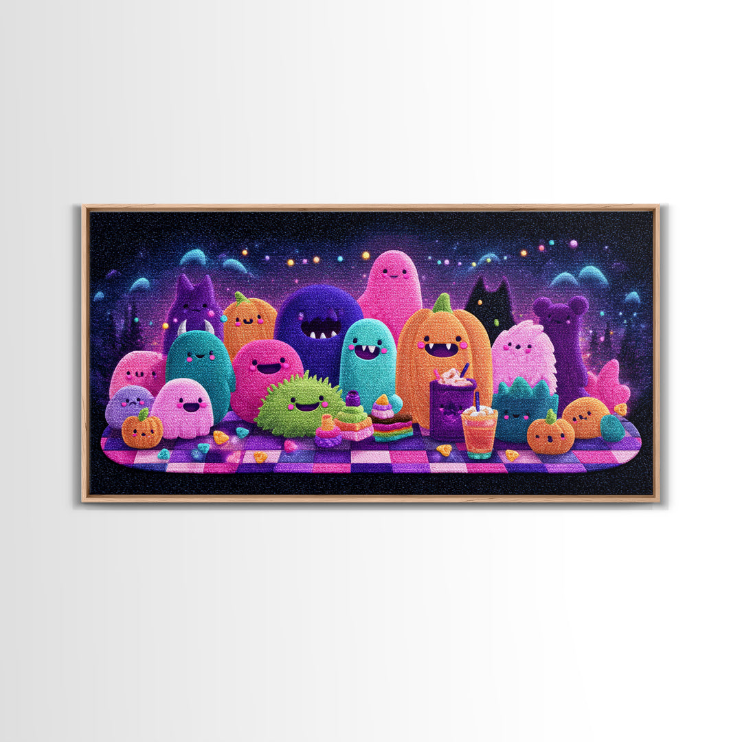 The Monster Friendship Picnic, Retro Neon Halloween Art, Wide Panoramic Art, Canvas Print, Retro Halloween Decor, Neon Wall Art