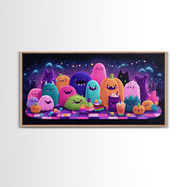 The Monster Friendship Picnic, Retro Neon Halloween Art, Wide Panoramic Art, Canvas Print, Retro Halloween Decor, Neon Wall Art