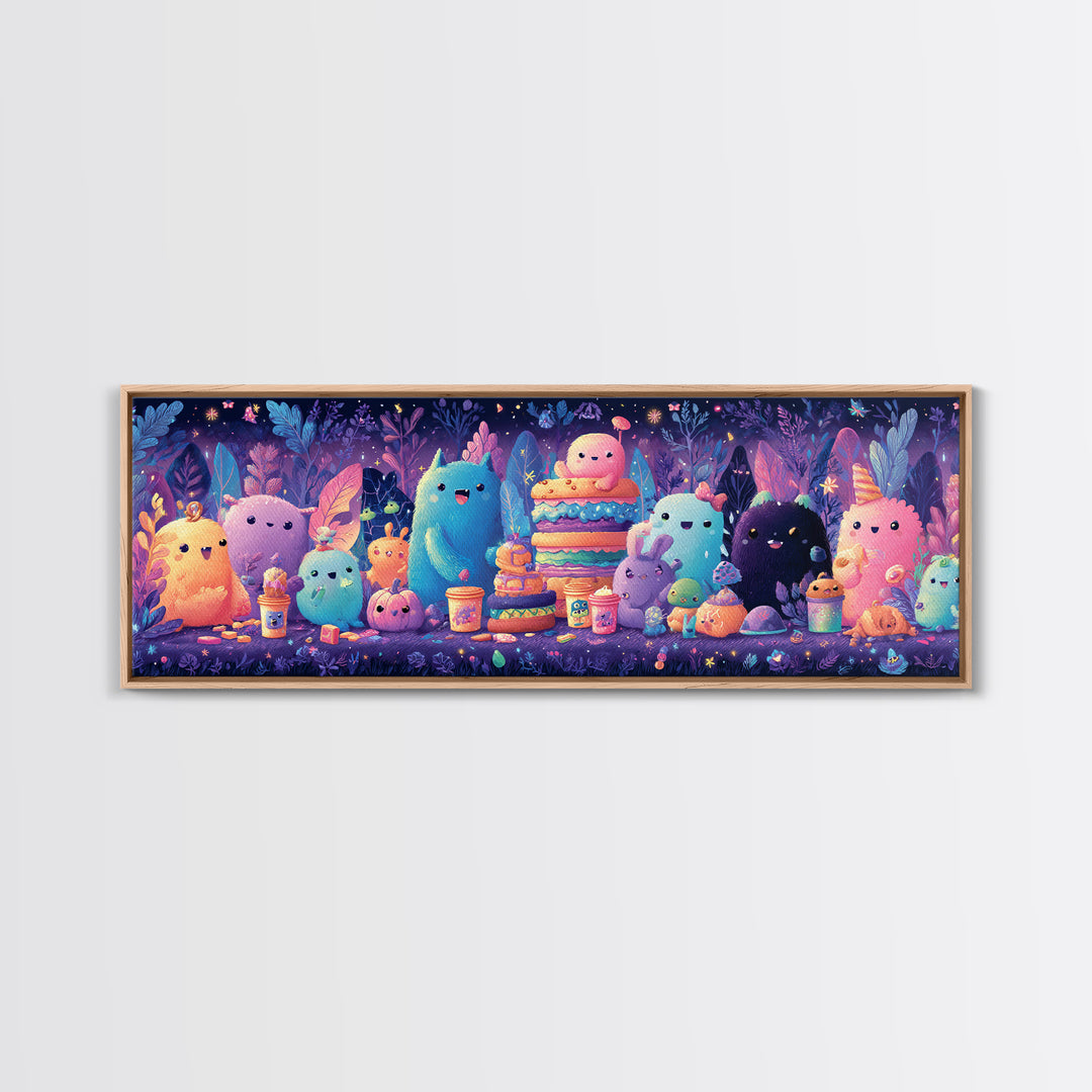 The Monster Friendship Picnic, Synthwave Halloween Art, Extra Wide Wall Art, Framed Canvas Print, Retro Halloween Decor, Neon Wall Art