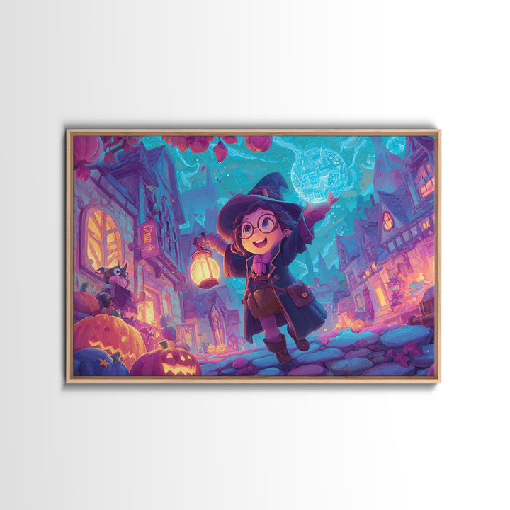The Trick-Or-Treat Treasure Hunt, 80s Halloween Wall Art, Landscape Wall Art, Framed Canvas Print, Retro Halloween Decor, Neon Wall Art