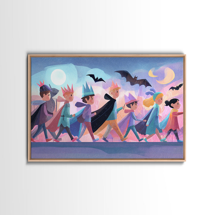 The Costume Parade, Cute Spooky Neon Art, Landscape Wall Art, Canvas Print, Retro Halloween Decor, Neon Wall Art, Statement Wall Art