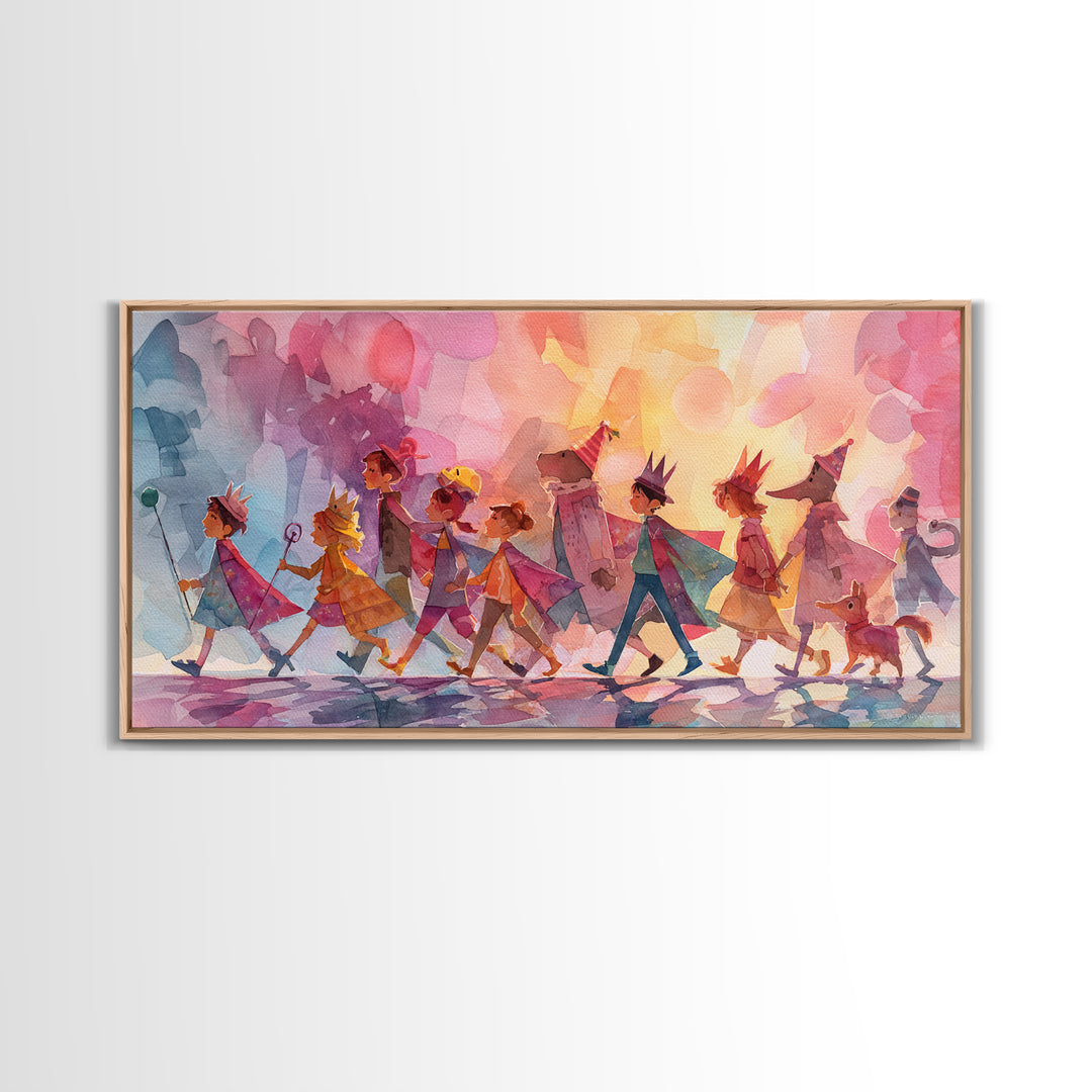 The Costume Parade, Retro Neon Halloween Art, Wide Panoramic Art, Canvas Print, Retro Halloween Decor, Neon Wall Art, Seasonal Home Decor