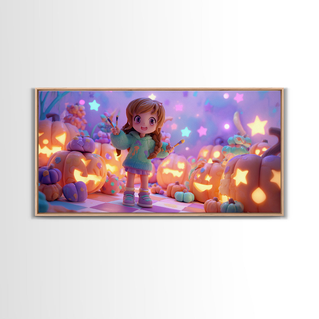The Pumpkin Painting Party, Retro Neon Halloween Art, Wide Panoramic Art, Framed Canvas Print, Retro Halloween Decor, Neon Wall Art