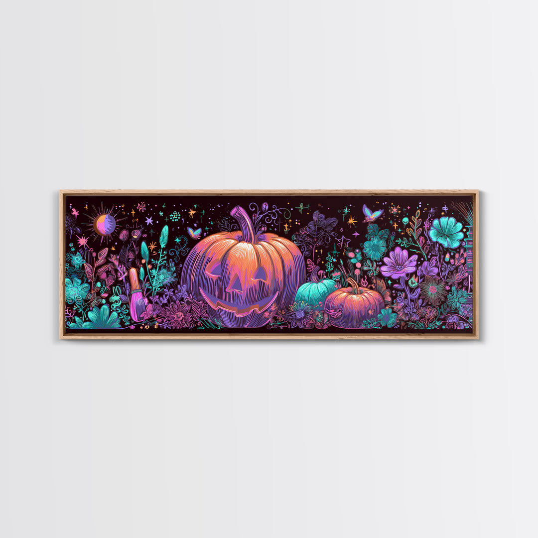 The Pumpkin Painting Party, 80s Halloween Wall Art, Extra Wide Wall Art, Canvas Print, Retro Halloween Decor, Neon Wall Art
