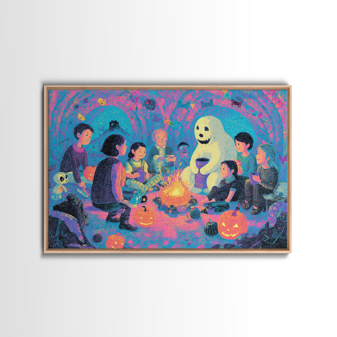 The Halloween Story Circle, Retro Neon Halloween Art, Landscape Wall Art, Canvas Print, Retro Halloween Decor, Neon Wall Art