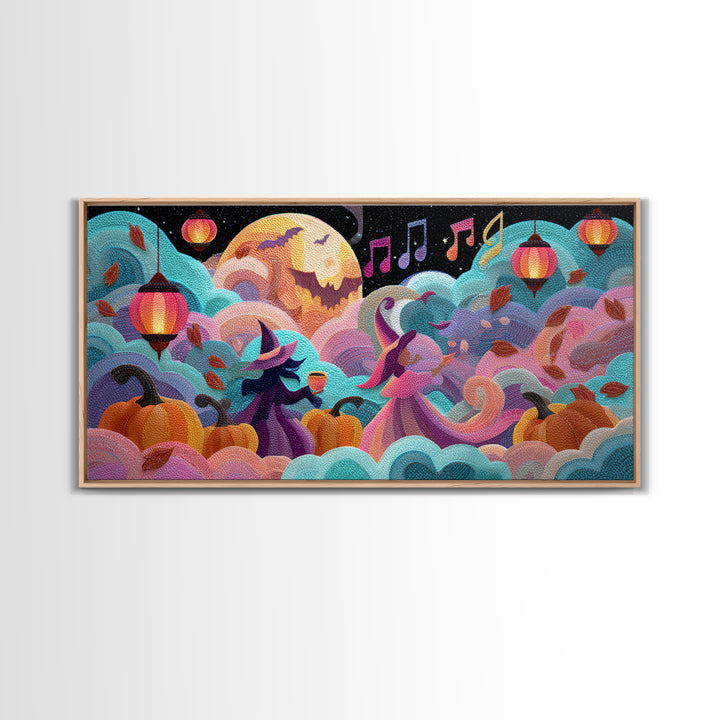 The Moonlight Dance Party, Cute Spooky Neon Art, Wide Panoramic Art, Framed Canvas Print, Retro Halloween Decor, Neon Wall Art