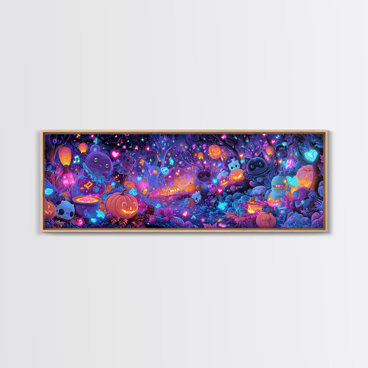 The Moonlight Dance Party, Synthwave Halloween Art, Extra Wide Wall Art, Canvas Print, Retro Halloween Decor, Neon Wall Art