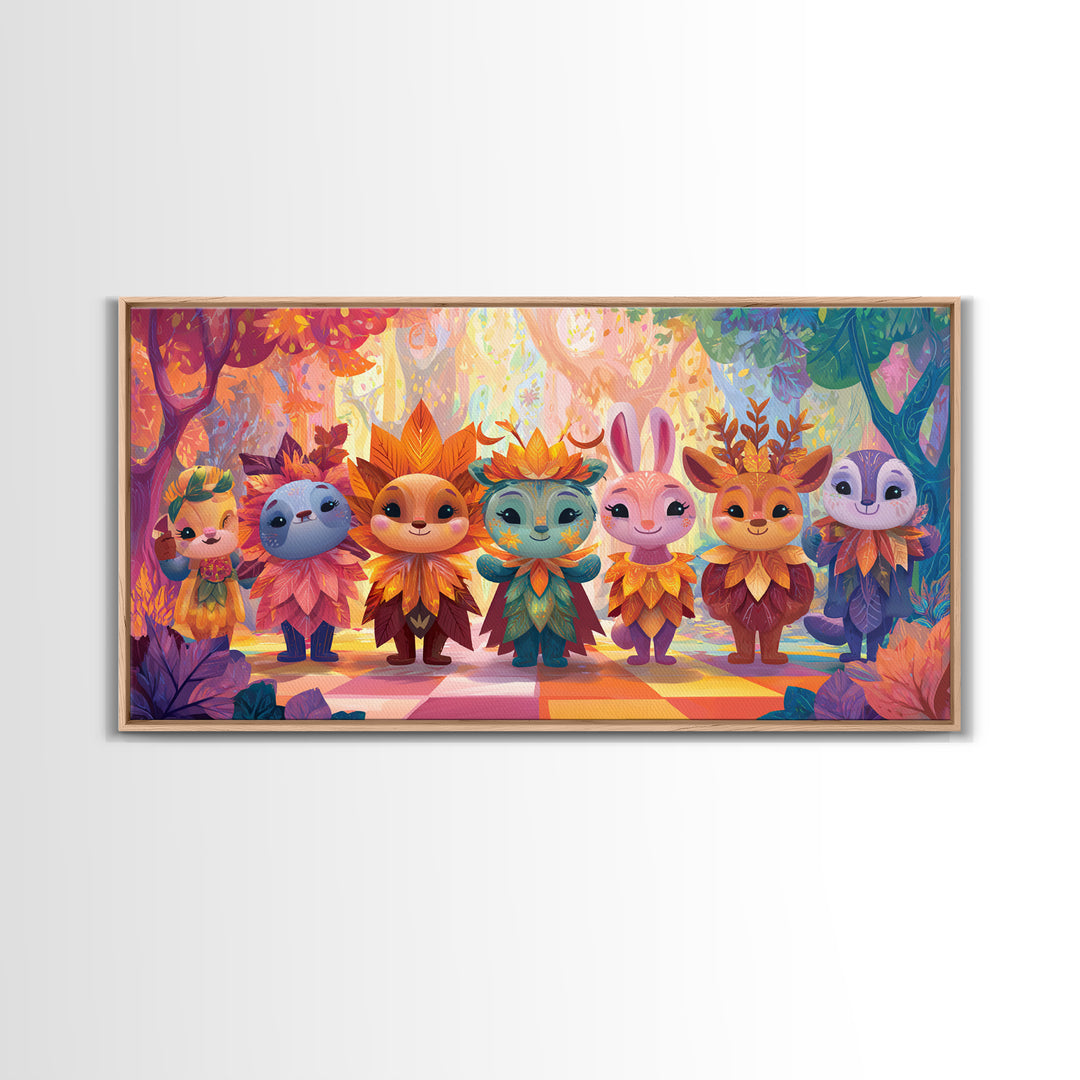 The Autumn Leaf Costume Contest, Cute Spooky Neon Art, Wide Panoramic Art, Canvas Print, Retro Halloween Decor, Neon Wall Art