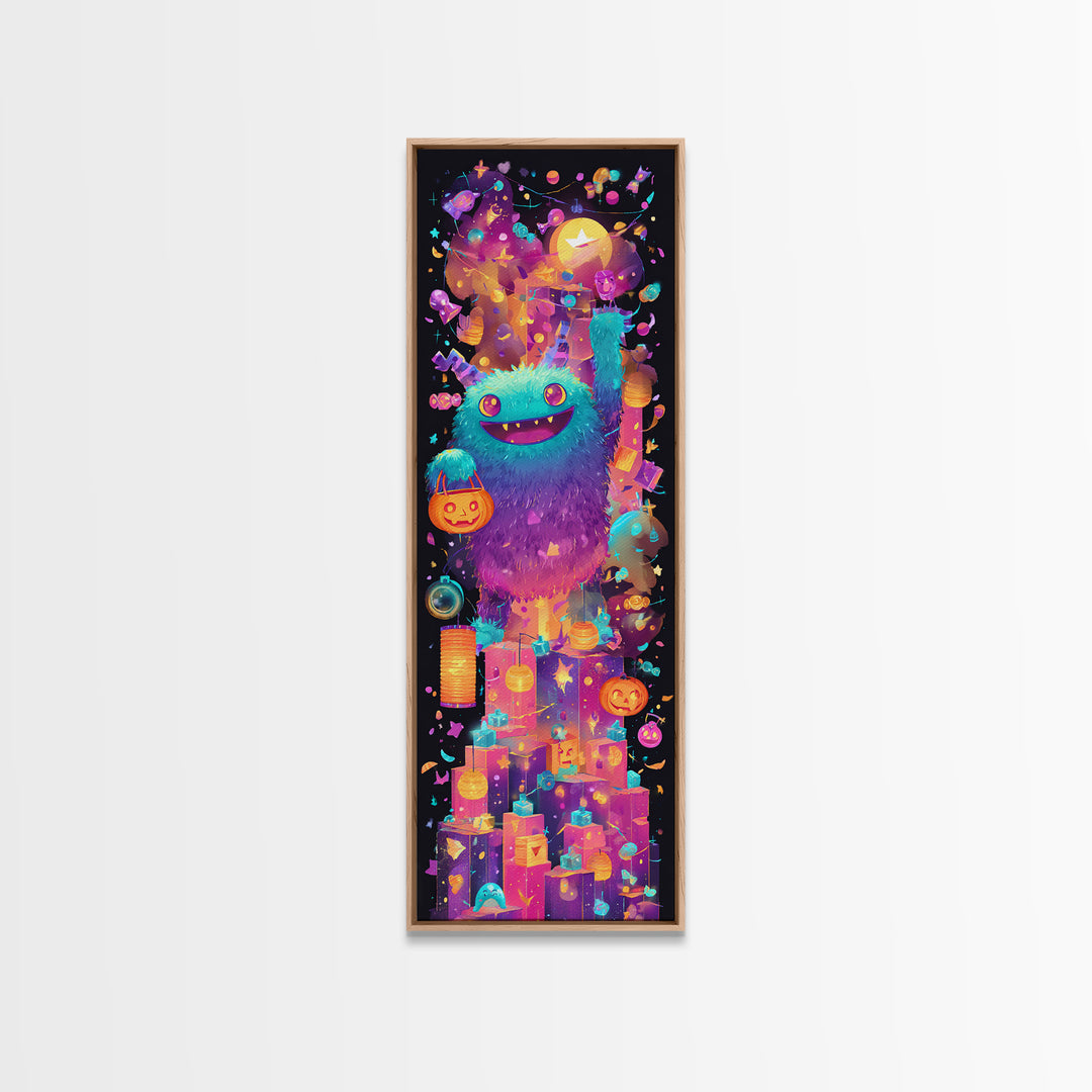 The Candy Bucket Relay Race, 80s Halloween Wall Art, Tall Narrow Wall Art, Framed Canvas Print, Retro Halloween Decor, Neon Wall Art