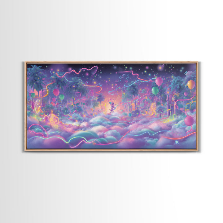 The Broomstick Obstacle Course, Vaporwave Halloween Decor, Wide Panoramic Art, Framed Canvas Print, Retro Halloween Decor, Neon Wall Art