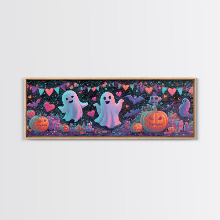 The Halloween Craft Table, Retro Neon Halloween Art, Extra Wide Wall Art, Framed Canvas Print, Retro Halloween Decor, Neon Wall Art