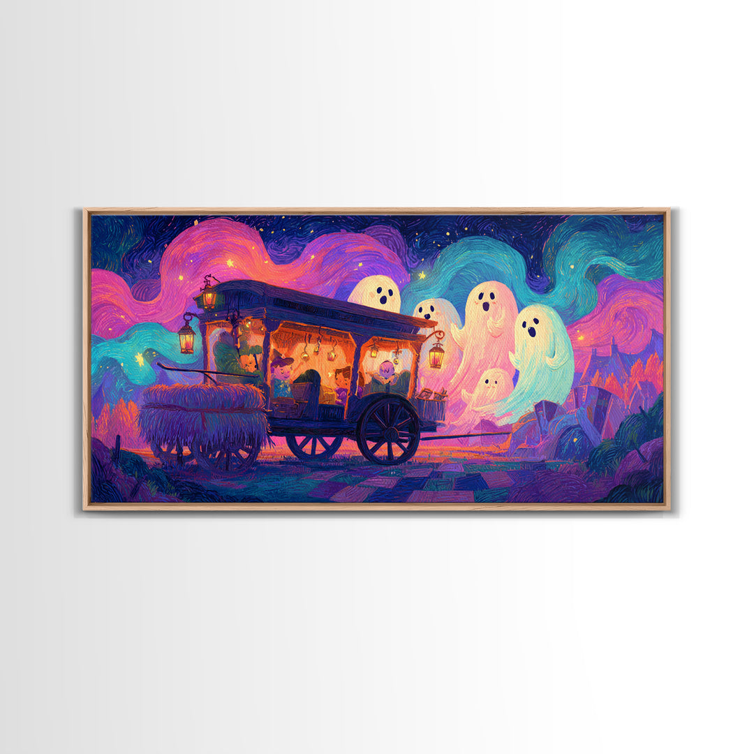 The Friendly Haunted Hayride, 80s Halloween Wall Art, Wide Panoramic Art, Canvas Print, Retro Halloween Decor, Neon Wall Art