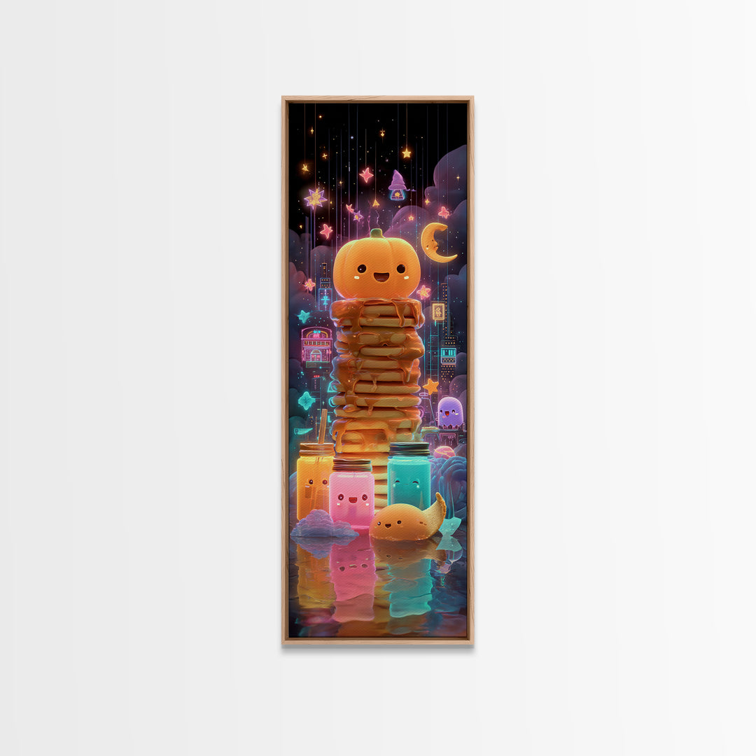 The Pumpkin Pancake Breakfast, Retro Neon Halloween Art, Tall Narrow Wall Art, Canvas Print, Retro Halloween Decor, Neon Wall Art