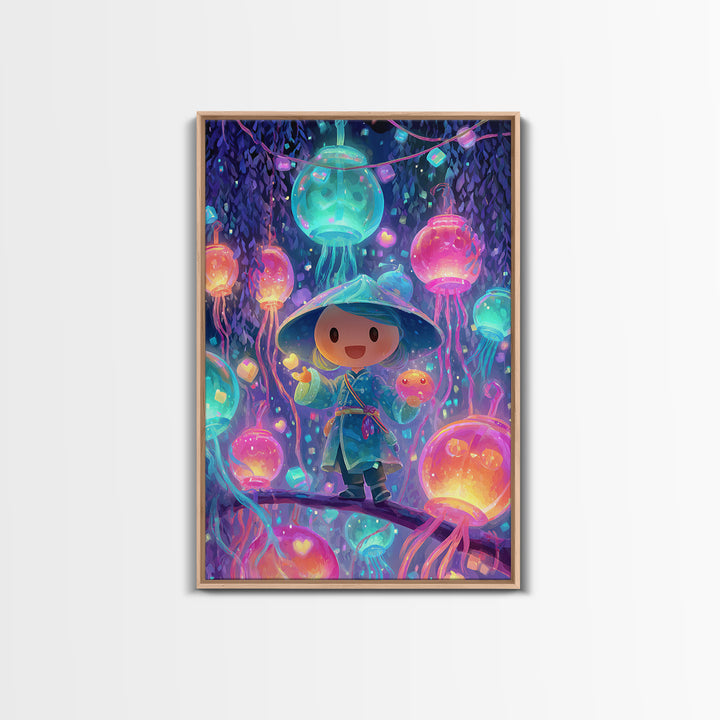 The Lantern-Making Festival, Vaporwave Halloween Decor, Vertical Wall Art, Canvas Print, Retro Halloween Decor, Neon Wall Art