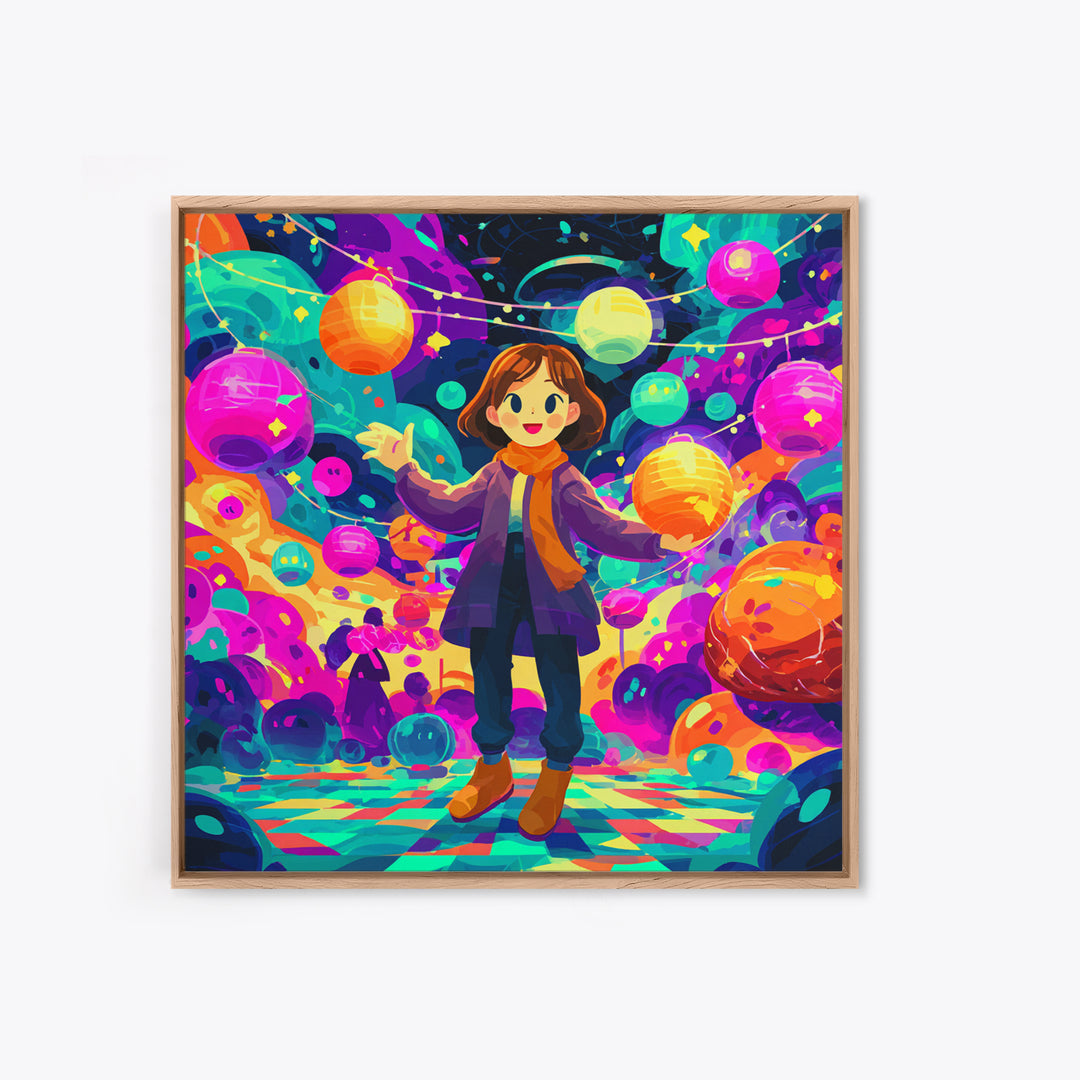 The Lantern-Making Festival, Cute Spooky Neon Art, Square Wall Art, Canvas Print, Retro Halloween Decor, Neon Wall Art, Seasonal Home Decor