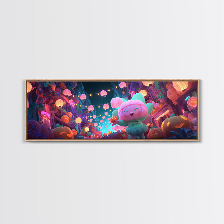 The Lantern-Making Festival, Cute Spooky Neon Art, Extra Wide Wall Art, Framed Canvas Print, Retro Halloween Decor, Neon Wall Art