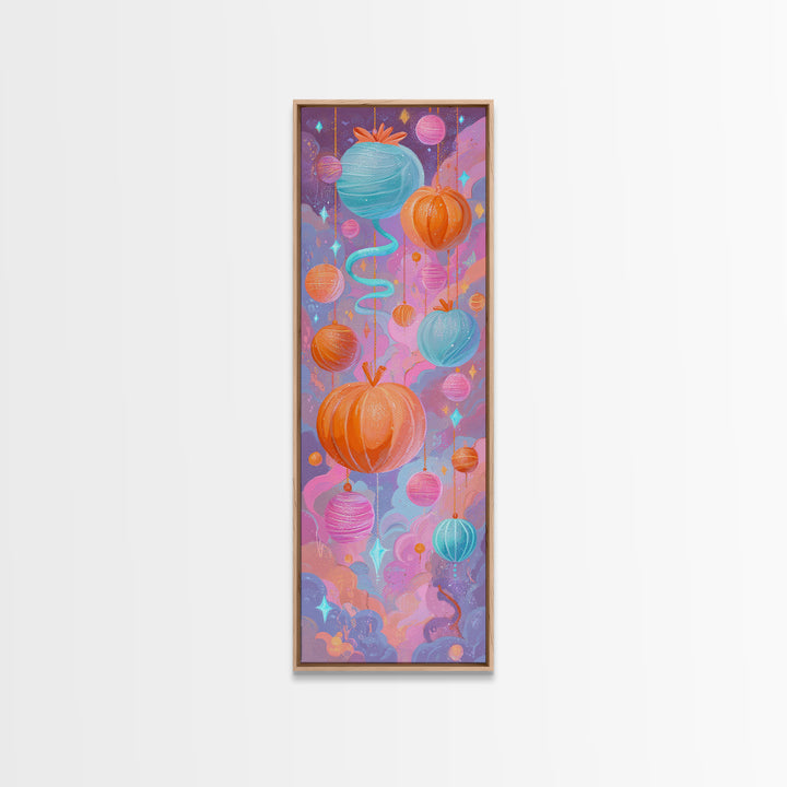 The Candy Apple Dance, Cute Spooky Neon Art, Tall Narrow Wall Art, Canvas Print, Retro Halloween Decor, Neon Wall Art, Spooky Wall Decor