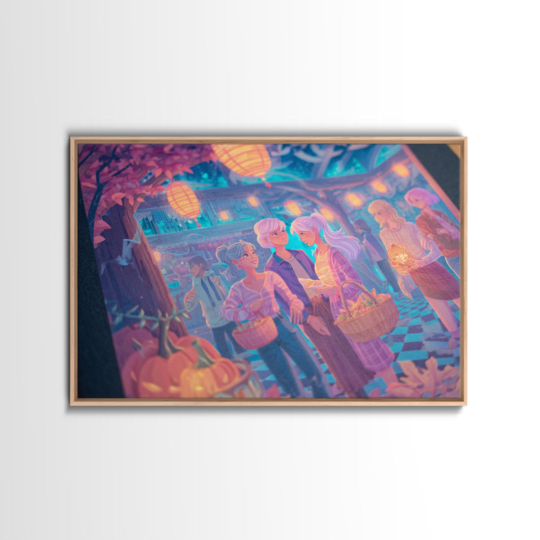 The Moonlit Scavenger Hunt, 80s Halloween Wall Art, Landscape Wall Art, Framed Canvas Print, Retro Halloween Decor, Neon Wall Art