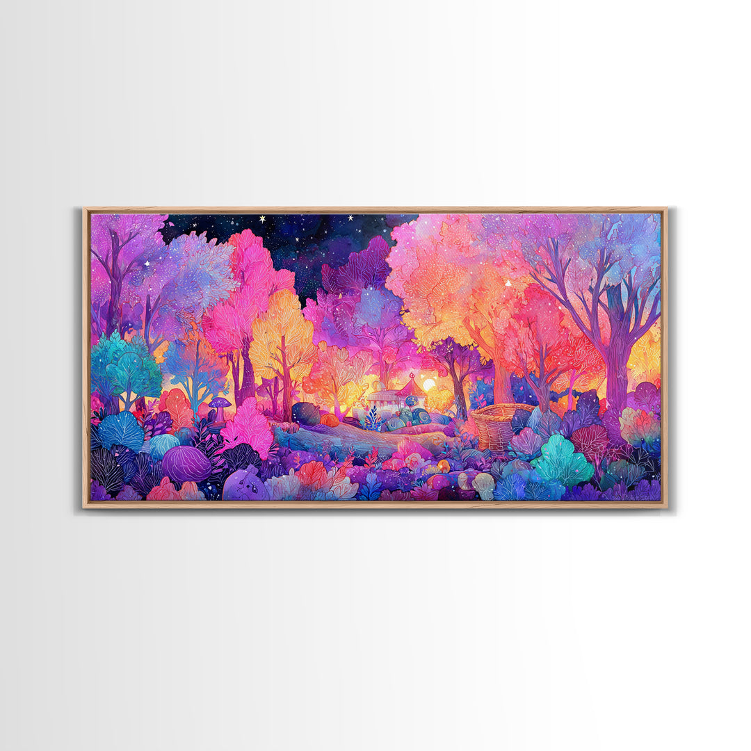The Moonlit Scavenger Hunt, 80s Halloween Wall Art, Wide Panoramic Art, Canvas Print, Retro Halloween Decor, Neon Wall Art